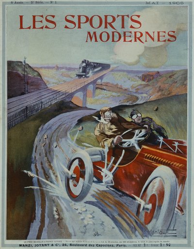 「ミシュランのタイヤはレールよりも速い！」、「Les Sports Modernes」誌の表紙、1905年5月 作： Ernest Montaut